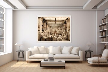 a white couch in a room with a picture on the wall