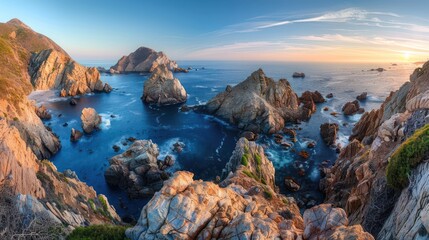 Panoramic photos taken from cliff tops, showcasing stunning beaches or rocks on the beach