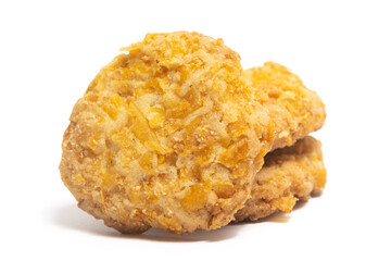 Stacked cornflakes cookies top view isolated on white background clipping path