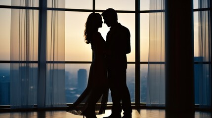 A Young Couple's Silhouette Hugging in Front of a Sweeping Panoramic View