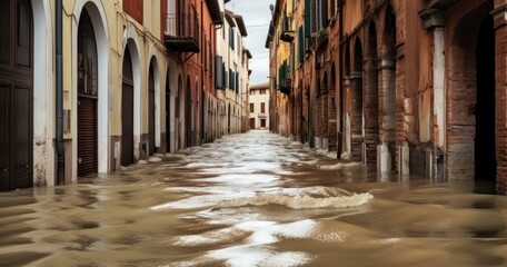 Fototapeta na wymiar The Harrowing Reality of Floodwaters Breaching an Alleyway and Swarming into a Building