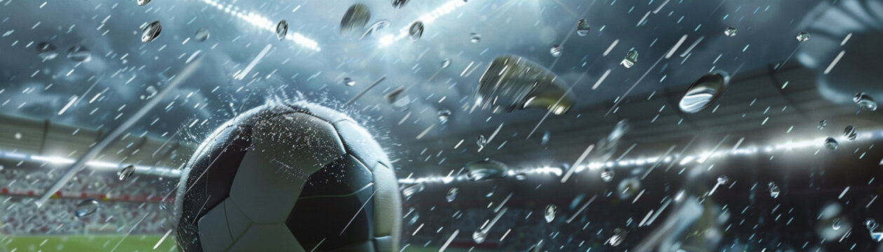 football in flight, slow-motion raindrops, high-stakes match tension