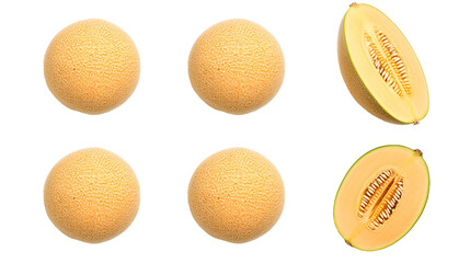 Cantaloupes, perfect for summer snacks and tropical smoothies, isolated on a transparent background - Top view 3D render with juicy slices.