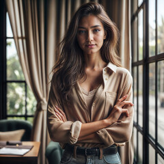 a woman standing with her arms crossed in front of a window, a stock photo  trending on shutterstock, institutional critique, stockphoto, stock photo, behance hd - obrazy, fototapety, plakaty