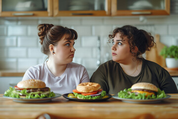 Fat girl hesitates to eat burger or salad benefits and harms of fast food, healthy food