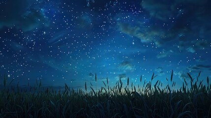 view of the starry night sky through a rye field