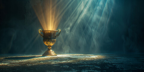   A growing Golden trophy, a testament to success concept and dark room background with spotlights on it   - obrazy, fototapety, plakaty