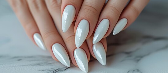 Elegant hand of beautiful woman with glamorous white manicure, feminine and sophisticated beauty concept