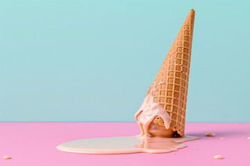 Dropped upside down ice cream cone with melting scoop on pastel pink floor. Minimalistic summer food concept.