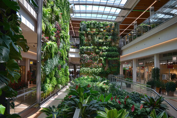 Modern Shopping Mall Interior with Lush Vertical Gardens and Sky-lit Atrium, vertical garden
