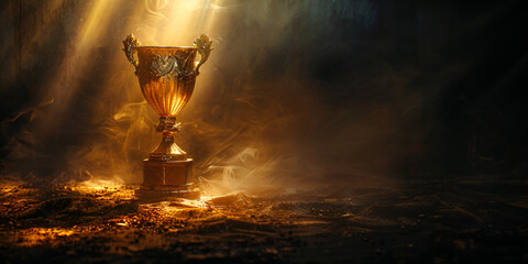 First place gold trophy cup in the dark room with spotlights background  - obrazy, fototapety, plakaty