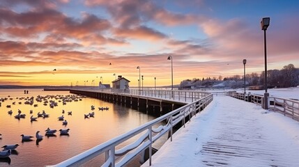 Obraz premium The Serene Sunset Over Snowy Pier in Winter