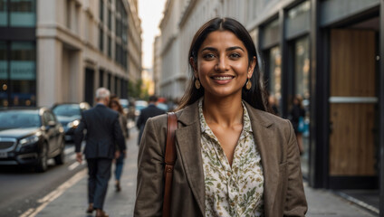 Fototapeta premium Elegante donna d'affari di origini indiane che lavora nel distretto finanziario di Londra sorridente prima di iniziare la giornata di lavoro