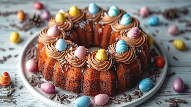 Easter Cake decorated with colorful candies on a wooden kitchen table.