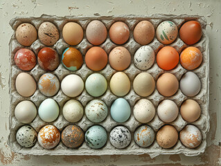 Natural eggs of pastel colors in a paper tray, top view.