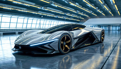 A silver and black futuristic sports car is sitting in a large, modern showroom