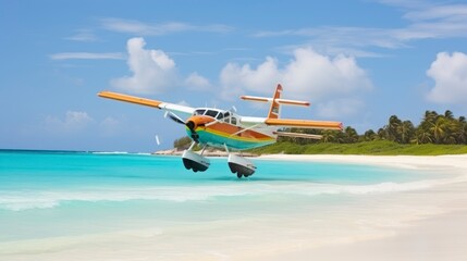 Fototapeta na wymiar The Graceful Flight of a Tourist Plane Above a Caribbean Shore