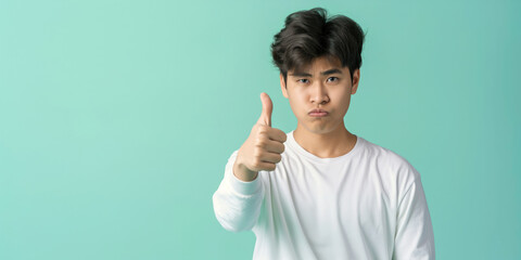 An Asian Young Man in White Shirt Giving Thumbs Up Against Teal Background, copy space