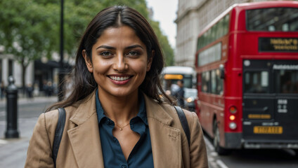 Elegante donna d'affari di origini indiane che lavora nel distretto finanziario di Londra sorridente prima di iniziare la giornata di lavoro