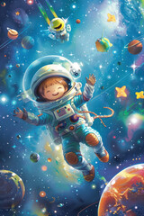 Naklejka premium Child Astronaut in Vibrant Space Adventure among Stars and Planets, book cover
