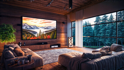 Modern interior design of living room with mountain view and TV