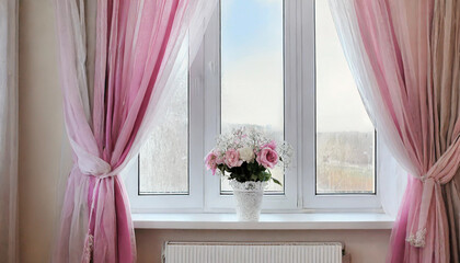 Bright interior, window with curtains, white window sill, room, home