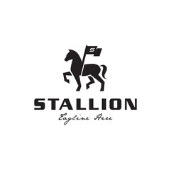 Black Horse Stallion With Flag Stable For Farm Ranch Logo Design