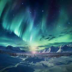 Spectacular view of the Northern Lights over a snowy region