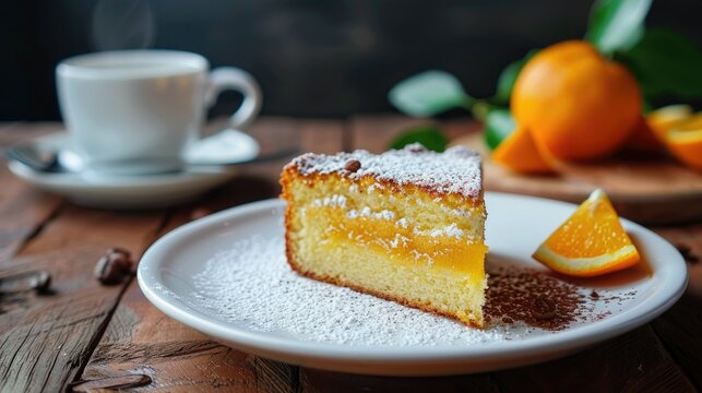 Slice of gluten free orange cake and cup of coffee