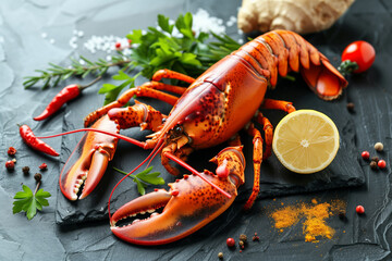 Freshly cooked lobster, crayfish on a dark background with greens and lemon
