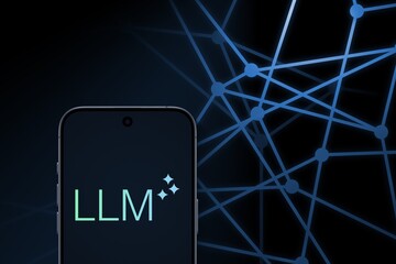 fictional LLM Logo with stars shown on a modern smartphone in front of connected dots in front of a dark blue in the background, large language model, artificial intelligence, AI, GPT