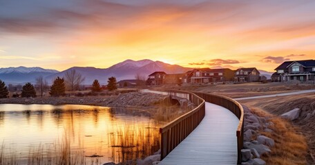 A Tranquil Sunset at City Lake with Homes and Mountains in View