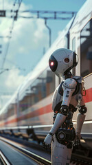 A humanoid robot stands on a platform beside a high-speed train, evoking thoughts of future travel and technology.