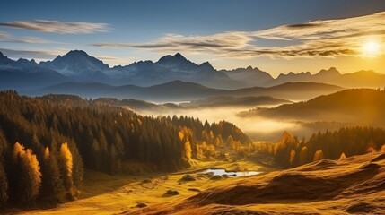 The First Rays of Sunlight Illuminate the Autumnal Mountains