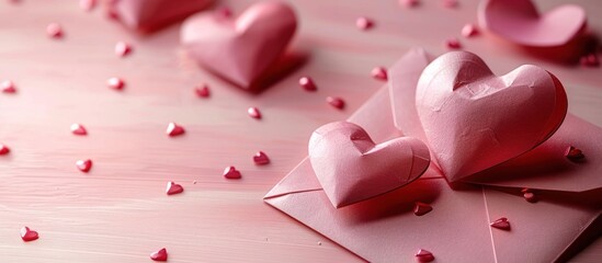 Envelopes and paper hearts on a pink background for greeting messages