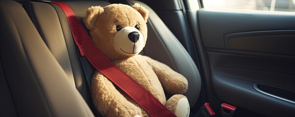 Teddy bear strapped in with seat belt in back seat of car