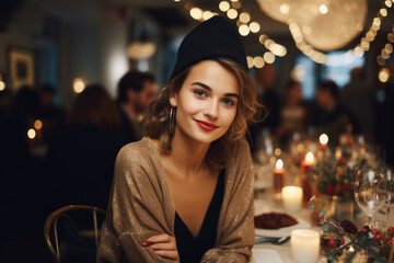 Cheerful beautiful woman on New Year's dinner party
