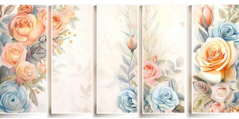 Decorative Floral Art Panels Depicting Roses and Foliage in Soft Colors. Floral frame and background with copy space  