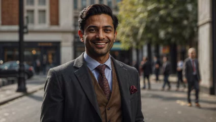 Fotobehang Elegante uomo d'affari di origini indiane che lavora nel distretto finanziario di Londra sorridente prima di iniziare la giornata di lavoro © Wabisabi