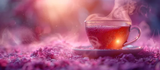 Sierkussen Hot tea glass cups on a background of purple flowers © Alina Zavhorodnii