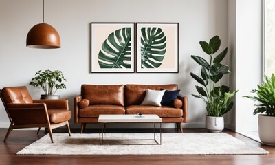  home interior with painting on white wall, plants and brown leather furniture. 
