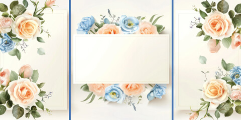 Elegant Floral Invitation Design with Roses and Blue Flowers. Floral frame and background with copy space  