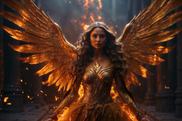 A fierce, fiery angel like woman figure with massive wings engulfed in blazing flames, radiating strength, determination and a sense of divine fury. A female power rebirth like phoenix concept. - obrazy, fototapety, plakaty