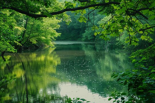 A calm water body, lake in the spring forest, lake view, wallpaper background