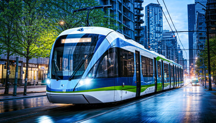Modern electric train in the city at night - obrazy, fototapety, plakaty