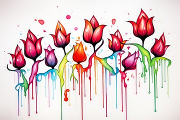 Malevolent tulips dripping with blood Medium shot High angle retrofuturism rainbow sparks caricature