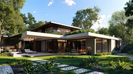Contemporary architectural design of a flat roof house, designed for use in design templates highlighting dream homes, house rental businesses, and property sales.