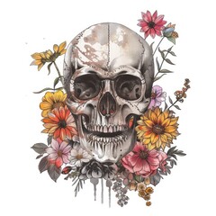 Skull and flowers t-shirt design isolated on white