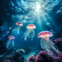 Fototapeta na wymiar Surreal underwater scene with floating jellyfish.