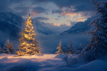 a tree with lights in the snow
